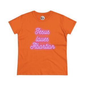 Jesus Loves Abortion in pink neon lights, Women's rights shirt for women's day 2024 protest shirt roe v wade christian extremists - Image 9